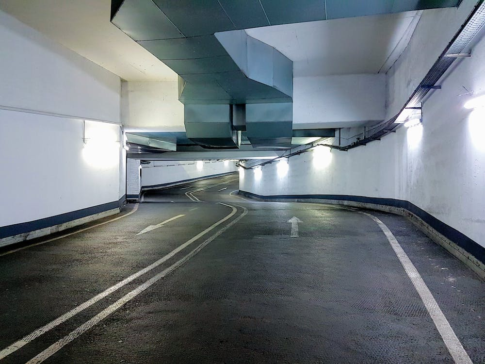 a road going to a parking garage